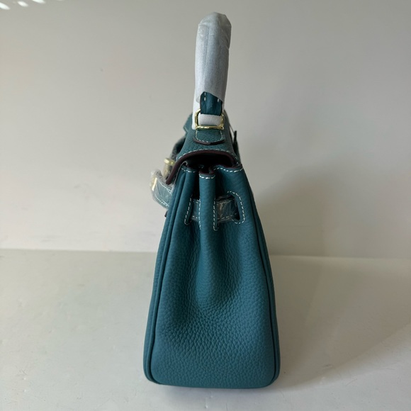 Teal Colbalt Bleu Jean 25 Leather Belted KL Bag w/ Gold HW Crossbody Satchel B13 - Picture 4 of 13